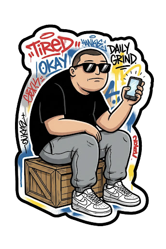 The Gymme everyman — deadpan, sunglasses, phone in hand, mid-grind