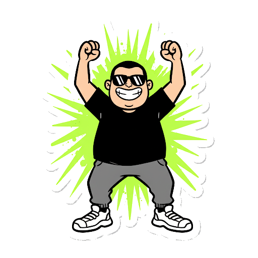 The Gymme everyman celebrating a win, arms raised, lime burst behind him